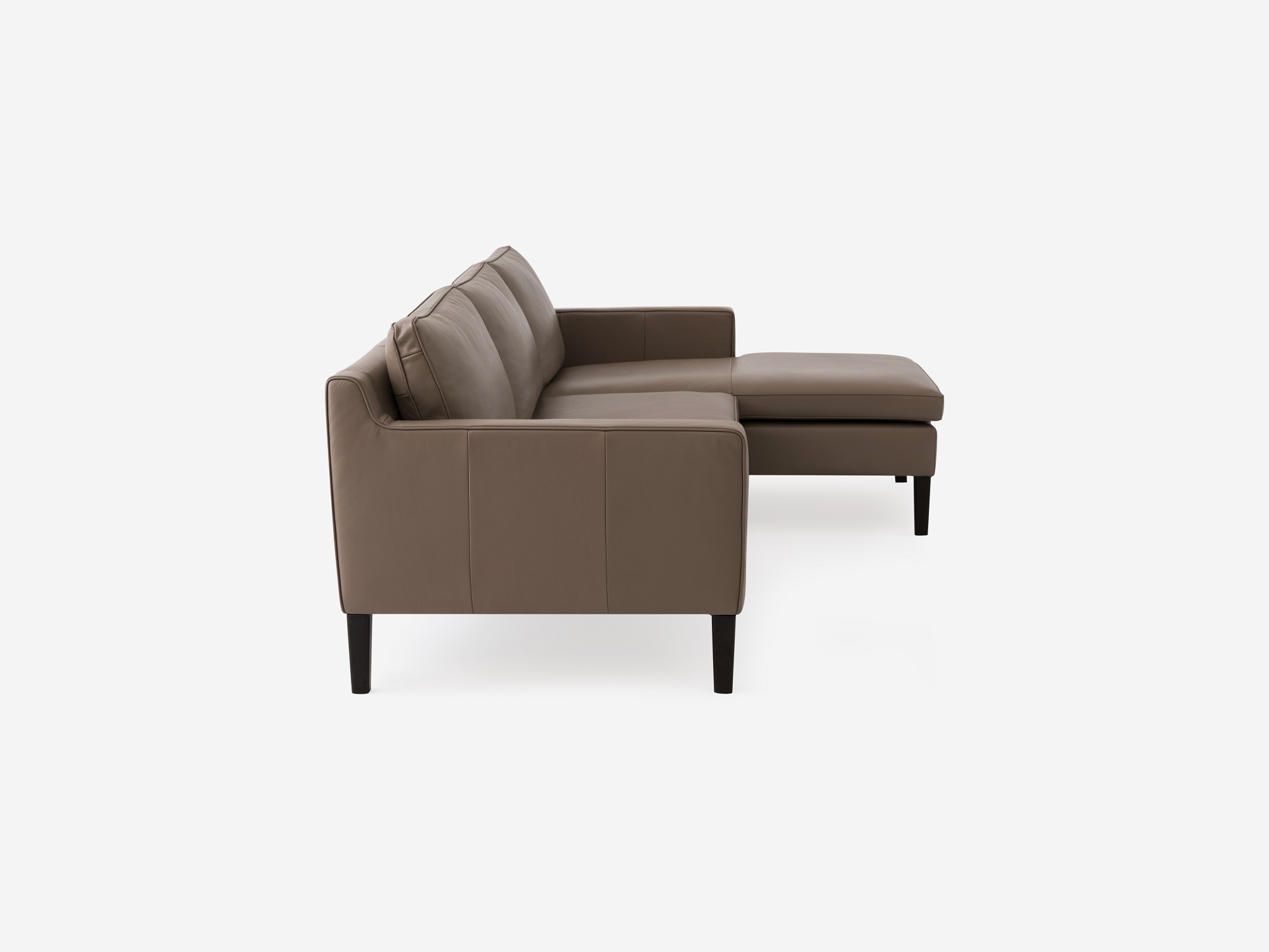 Side view of the Skye modern sectional sofa in grey leather with right hand facing chaise